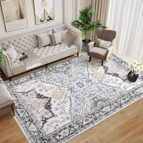 Zacoo Alfombras lavables de 8 x 10 pies, para dormitorio, estilo vintage, oriental, alfombra para sala de estar, alfombra suave, antideslizante,