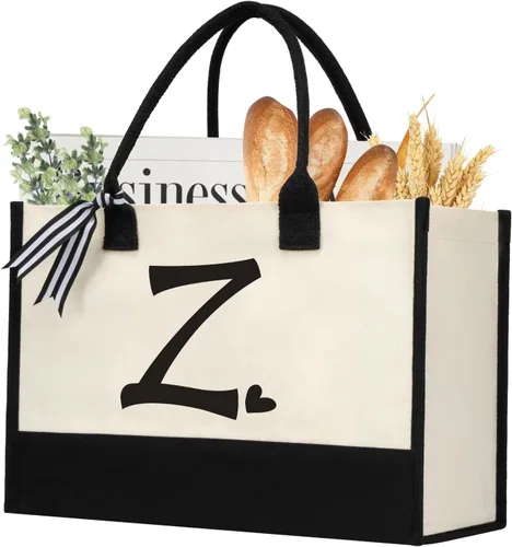 Miniatura 24 de shenee - Bolsa de lona con inicial, bolsa de yute personalizada para la playa, regalo de vacaciones para mujeres, cumpleaños de amigos, boda, año