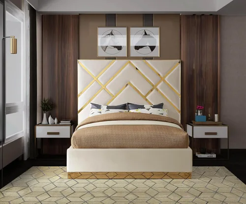 Miniatura 5 de Meridian Furniture VectorCream-K Vector Collection Modern Cama tapizada de terciopelo contemporánea, base de metal dorado personalizada y diseño