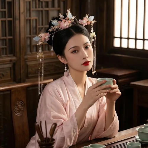 Miniatura 2 de Juego de 5 accesorios para el cabello chino Hanfu, palitos de pelo con borlas florales rosas, peine con aretes, horquillas de pelo vintage