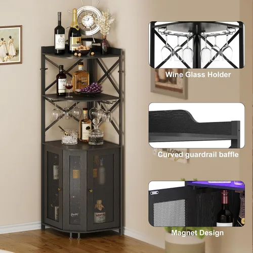 Miniatura 3 de JKsmart Gabinete de Bar de Esquina con Luces LED, Gabinete de Bar de Vino Industrial de 5 Niveles con Portavasos, Gabinetes de Licor Estilo Granja