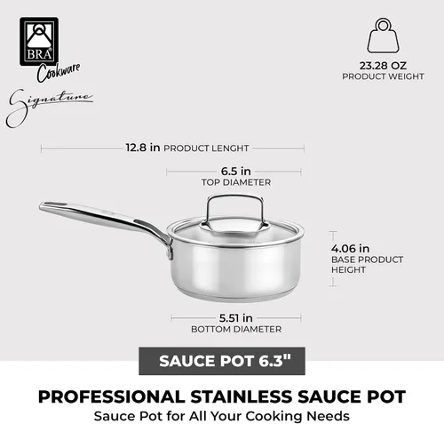 Miniatura 2 de BRA COOKWARE Signature Olla de acero inoxidable con tapa de vidrio Cacerola profesional de 1.2 cuartos de galón de 6.3 pulgadas Olla
