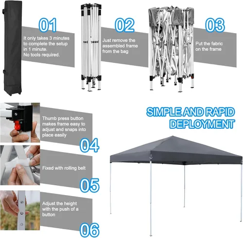 Miniatura 4 de Tienda de campaña desplegable de 10 x 10 pies, toldo instantáneo para exteriores con bolsa de transporte con ruedas, 4 cuerdas, patas rectas