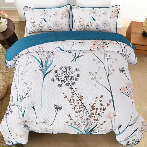 Miniatura 3 de Dobuyly - Juego de edredón para cama tamaño Queen, con diseño floral botánico en color teja, juego de edredón de 3 piezas, de microfibra suave
