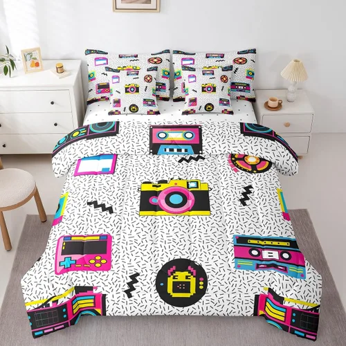 Miniatura 3 de Erosebridal Juego de ropa de cama de cassette vintage de los años 80 y 90, juego de edredón de 7 piezas para niños y adultos, retro, amarillo
