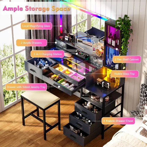 Miniatura 7 de Lvifur RGB Escritorio de Tocador - con Espejo y Luces, Juego de Mesa de Tocador con 7 Luces Dinámicas y 24 Estáticas Atenuables con Estación