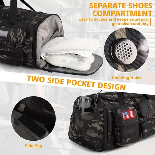 Miniatura 5 de Bolsa de gimnasio expandible para hombres, táctica grande 3 en 1, bolsa deportiva con compartimento para zapatos, resistente al agua, bolsa de mano