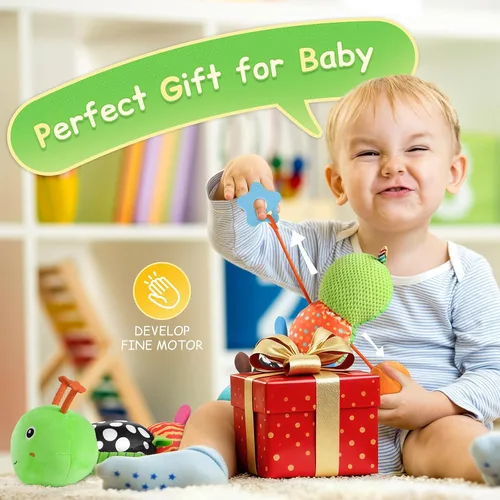 Miniatura 6 de Juguetes para Bebés Sensoriales Musicales Peluche de Animal para Infantes de 0-3-6-12 Meses Tiempo Boca Abajo Recién Nacido, Oruga de Felpa con Verde