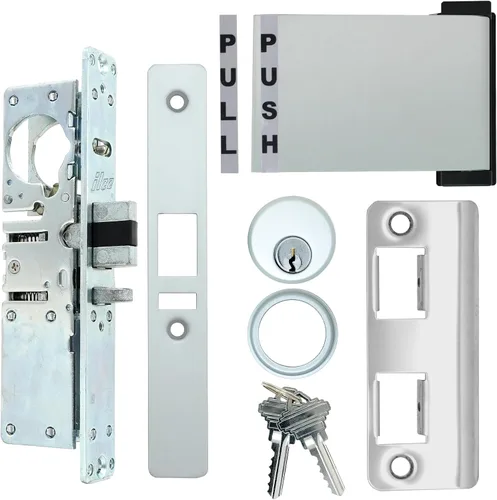 Summit Doorware Adams Rite Style Latch - Kit de manija de salida con cilindro de mortaja y llaves, puerta de empuje a izquierda (aluminio, respaldo