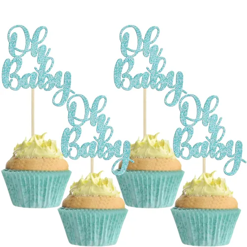 Miniatura 14 de Gyufise 36 piezas de decoraciones para cupcakes Oh Baby, arcoíris rosa y azul con purpurina, para baby shower, revelación de género, cupcakes para B