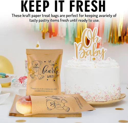Miniatura 7 de AnyDesign Paquete de 100 bolsas autoadhesivas de papel kraft para baby shower, con texto en inglés "We Can Bearly Wait", bolsas de papel kraft