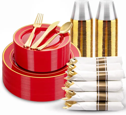 Miniatura 25 de 350 piezas de platos de plástico negro y dorado con cubiertos desechables, incluye 50 platos de cena de 9 pulgadas, 50 platos de postre de 6.3