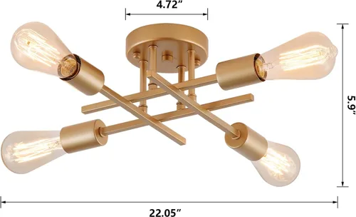 Miniatura 10 de AIHYING Lámpara de techo de 4 luces para montaje semiempotrado, lámpara de araña dorada de estilo industrial granja de mediados del siglo