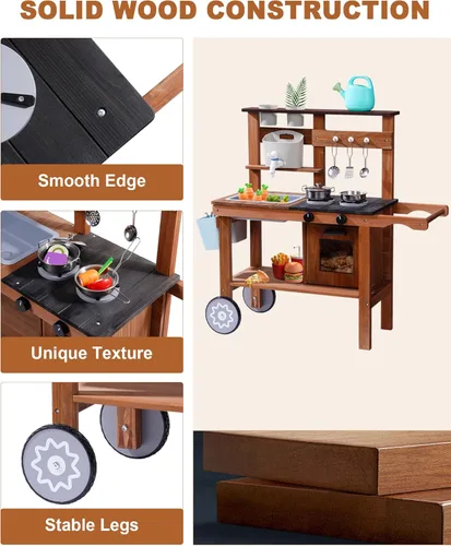 Miniatura 3 de ROBOTIME Cocina de Barro para Niños al Aire Libre con Ruedas, Divertido Juego de Cocina de Madera para Niños para Patio Trasero de Cocina