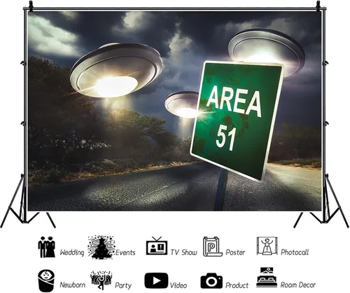 Miniatura 3 de AOFOTO Fondo de fotografía OVNI de 15 x 10 pies, 51 signos, árboles de carretera, terrones oscuros, fondo de paisaje nocturno, invasión OVNI Tierra