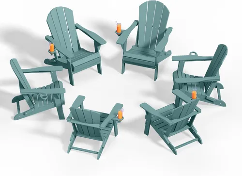 Miniatura 31 de Silla plegable Adirondack con portavasos, juego de 2, sillas de plástico HDPE para exteriores, resistentes a la intemperie, aspecto de madera real