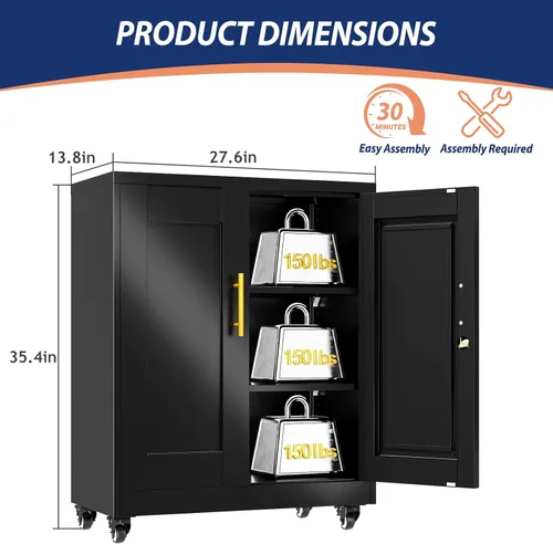 Miniatura 2 de PAOFIN Armario de almacenamiento de metal, archivadores de acero de 35 pulgadas de alto con puertas con cerradura y estantes ajustables, gabinete