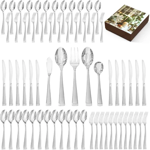 Juego de cubiertos KINGSTONE, juego de 65 piezas para 12, juego de cubiertos de acero inoxidable 18/10 con borde perlado, utensilios para cocina,