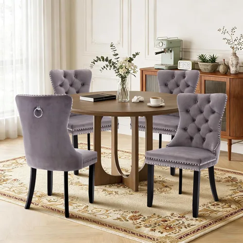 Miniatura 117 de Juego de 4 sillas de comedor de terciopelo, sillas de comedor tapizadas con ribete de cabeza de clavo y patas de madera maciza para cocina