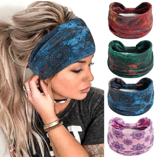 Miniatura 18 de FULZTEY Diademas bohemias para mujer, elegantes diademas con estampado floral, turbante de nudo ancho, elástico, para yoga, correr, entrenamiento