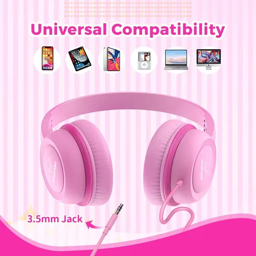 Miniatura 6 de vinamass Auriculares para niños, auriculares con cable para niños con limitador de volumen seguro, auriculares para niños con cable de 0.138 in Rosa