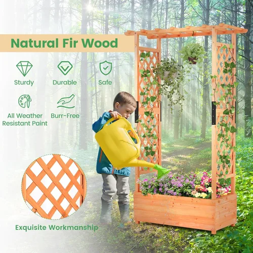 Miniatura 4 de Giantex Cama de jardín elevada con enrejado y techo colgante, jardinera de madera con parte inferior y agujeros de drenaje, maceta de jardín