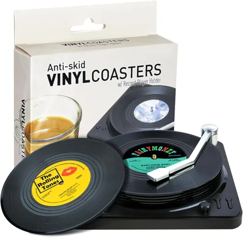 Miniatura 8 de Divertidos posavasos retro de discos para bebidas con soporte para reproductor de vinilo para amantes de la música, juego de 6 posavasos