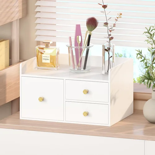 Miniatura 7 de Organizador de escritorio de bambú con cajones, organizador de almacenamiento de escritorio de madera para facturas, suministros de oficina, Blanco