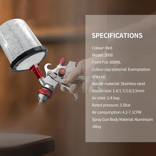 Miniatura 7 de HVLP Pistola de pulverización de aire alimentado por gravedad con boquillas de 1.4/1.7/2.0/0.098 in y tazas de mezcla de 650 cc, pistola de pintura