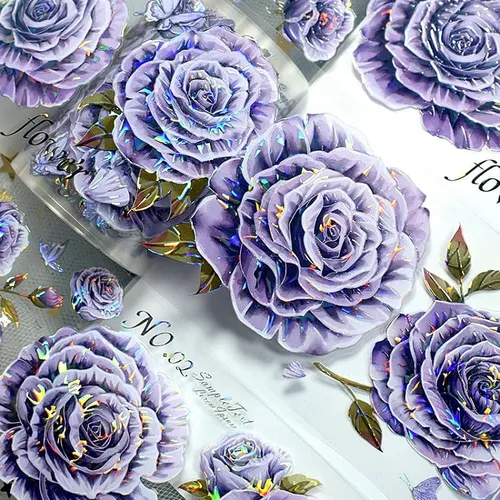 Miniatura 2 de Cinta washi de rosa para collage original de flores, creatividad, hecha a mano, para libro de diario, material PET con efecto láser (90387)
