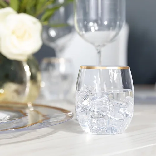 Miniatura 2 de PLASTICPRO Paquete de 12 copas de vino de plástico transparente con borde dorado, sin tallo, desechables, de 12 onzas, sin BPA, vasos de vino