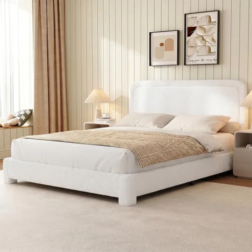 Miniatura 7 de Base de cama tamaño Queen, marco de cama Boucle con cabecera ajustable, cama de plataforma tapizada moderna con listones de madera, esquinas Beige