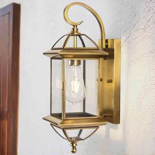 Lámpara de pared de cobre dorado de 18 pulgadas, grande de latón aceitado 100% cobre macizo, lámpara de porche con vidrio transparente, aplique