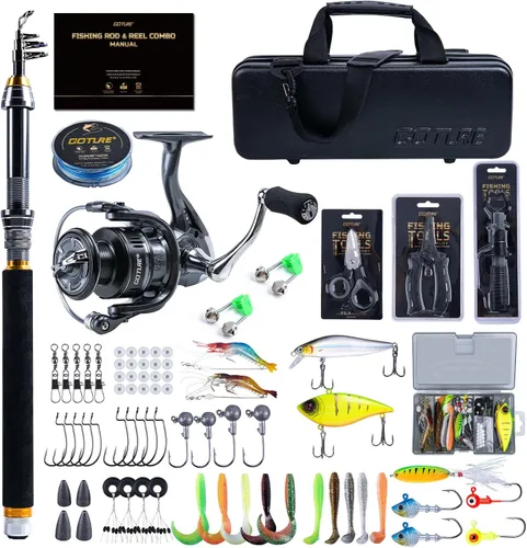 Goture Fishing Rod and Reel Combos-Telescopic Fishing Pole Spinning Reel Lures Set with PC Hard Shell Suitcase, Telescopic Rod Reel Combo Kit for C: