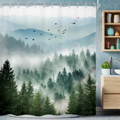 Miniatura 19 de Riyidecor - Cortina de ducha para baño pequeño de montaña, 36 pulgadas de ancho x 72 pulgadas de alto, verde, para RV, temática rústica, naturaleza