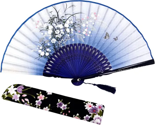 Miniatura 14 de Abanico plegable de bolsillo de Amajiji, hecho a mano, de seda, de 8.27′, elegante y moderno Azul