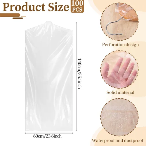 Miniatura 2 de Paquete de 100 bolsas de limpieza en seco, bolsas transparentes de 55 pulgadas, fundas de plástico a prueba de polvo para colgar ropa, tintorería