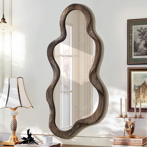 Miniatura 9 de Espejo asimétrico para decoración de pared, grande, moderno, ondulado, con marco de madera, espejo de pared con forma única montado en pared