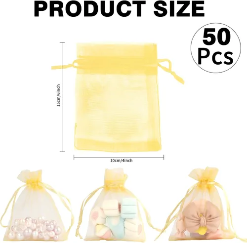 Miniatura 2 de Bolsas de organza doradas, 50 unidades, bolsas transparentes de 4 x 6 pulgadas para joyas y recuerdos de fiesta con cordón, bolsas de regalo de Oro