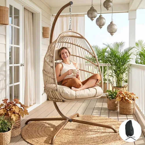 RADIATA Silla colgante de huevo con soporte y cubierta, hamaca plegable de ratán resistente para interiores y exteriores, con cojín, 350 libras,