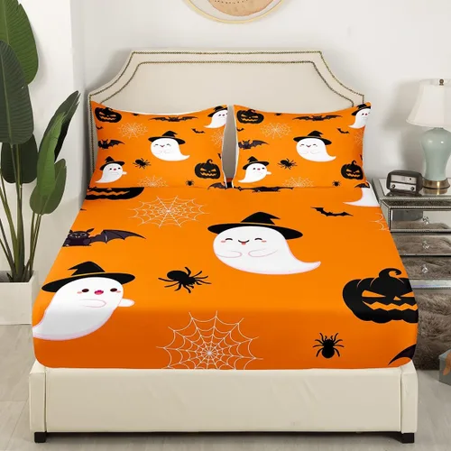 Miniatura 3 de Erosebridal Divertida sábana bajera ajustable de Halloween para niños, lindo juego de ropa de cama de calabaza fantasma, decoración de Halloween