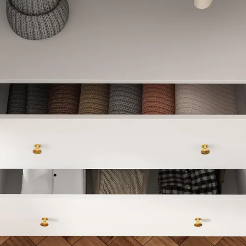 Miniatura 4 de FUNSIR Armario de dormitorio de 4 puertas, armario de madera con espejo, 2 rieles para colgar ropa, 5 estantes de almacenamiento y 2 cajones, unidad