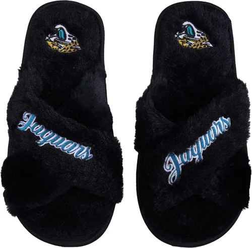 FOCO Pantuflas deslizantes cruzadas mullidas con logotipo de texto del equipo NFL para mujeres