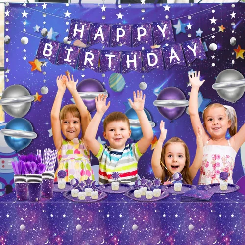 Miniatura 7 de Space Galaxy Party Supplies - Juego de vajilla para fiestas, incluye pancarta, platos, servilletas para cupcakes, vasos, mantel, globos, globos