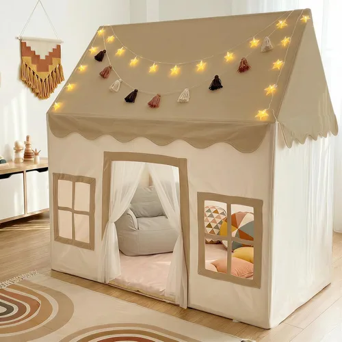 Miniatura 8 de Little Dove Tienda de campaña para niños con alfombra, luces de estrella, guirnalda de borlas, casa de juegos para niños con ventanas fáciles