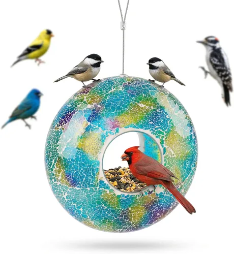 DUSVALLY Comedero colgante para pájaros, comedero redondo para pájaros silvestres, diseño de mosaico de vidrio degradado azul y morado, 9 pulgadas,