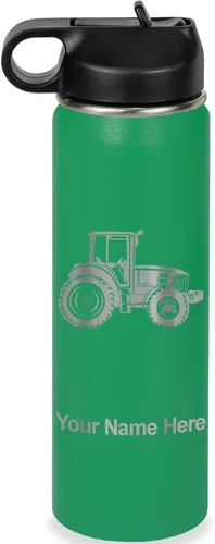 Miniatura 40 de LaserGram Botella de agua personalizada, tractor agrícola, acero inoxidable de doble pared aislada al vacío con popote superior, regalo grabado