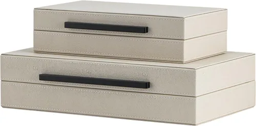 Miniatura 8 de Juego de 2 cajas de almacenamiento decorativas de cuero granulado beige con asas de metal negro – Cajas para joyas y recuerdos de cuero sintético