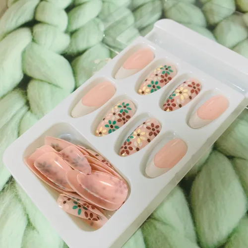 Miniatura 5 de Uñas postizas ovaladas a presión con puntas francesas, juego de uñas postizas cortas de flores artificiales, uñas postizas acrílicas con diseños
