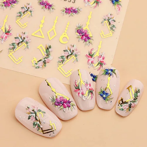 Miniatura 7 de Calcomanías de uñas bronceadas en relieve 5D, 3 hojas de flores de primavera, hierba, pájaro, calcomanías de arte de uñas, accesorios de uñas